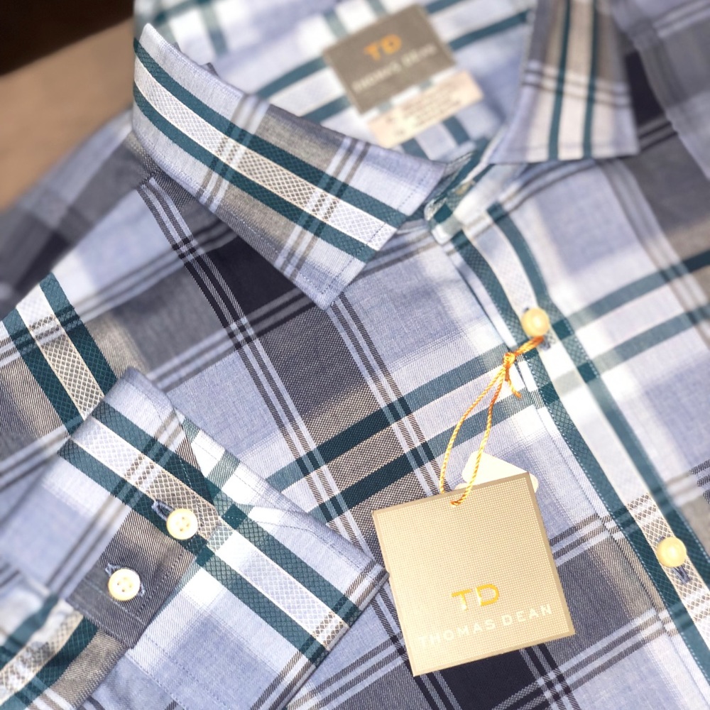 Thomas Dean Blue Plaid Button Down Sport Shirt